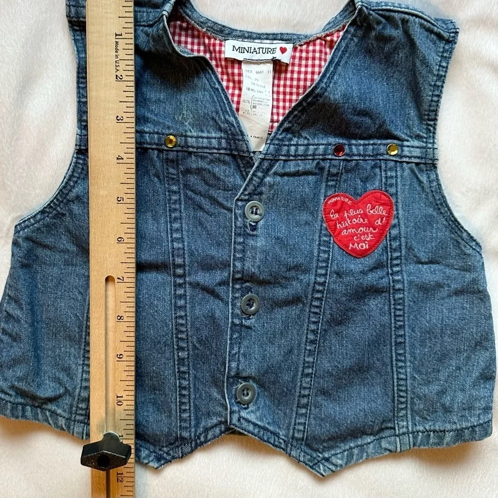 Vtg Miniature 18M Jean Denim Vest Red Heart Gems Button Up Baby Girl France
